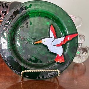 Jan Mitchell Green Glass Plate with Hummingbird Bird Design